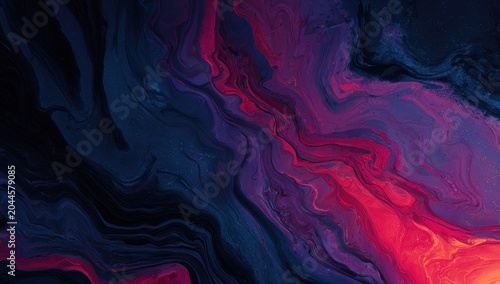 Vibrant Abstract Fluid Art with Cosmic Swirls of Deep Blue Purple and Fiery Red Orange Illuminated by Dramatic Lighting Creating a Mesmerizing and Energetic Backdrop