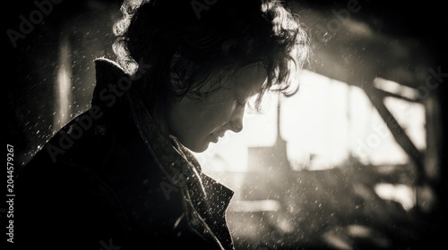 Woman silhouette in a grainy monochrome image with sunlight
