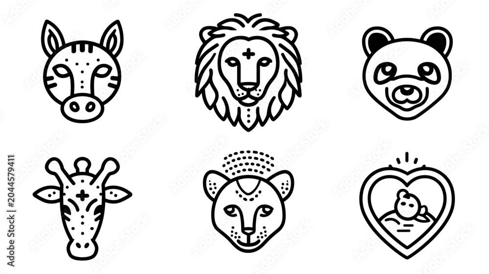 Obraz premium Set of Illustrative Animal Icons Including Zebra Lion Panda Giraffe and Cat with Heart Motif