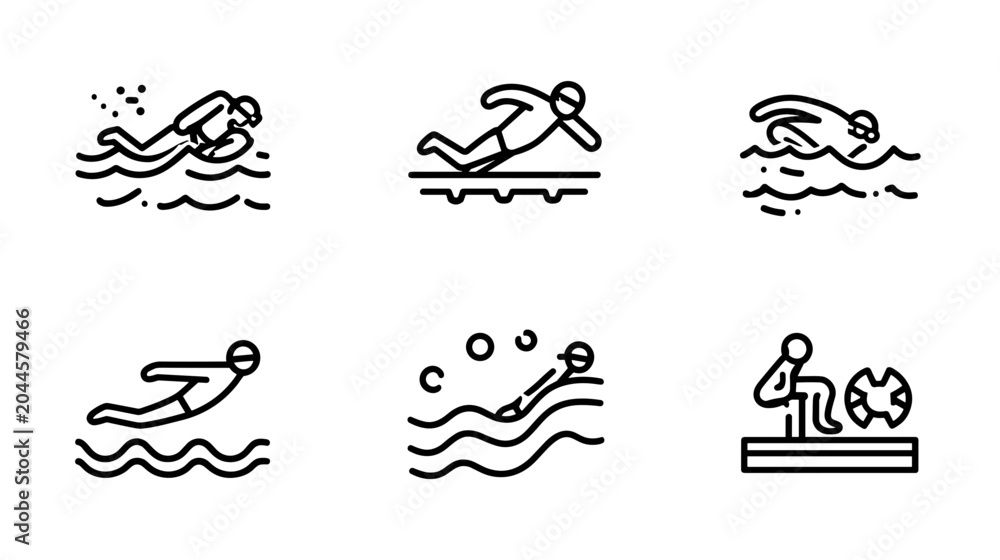 Fototapeta premium Set of Minimalist Outline Icons Depicting Various Swimming Styles and Water Activities