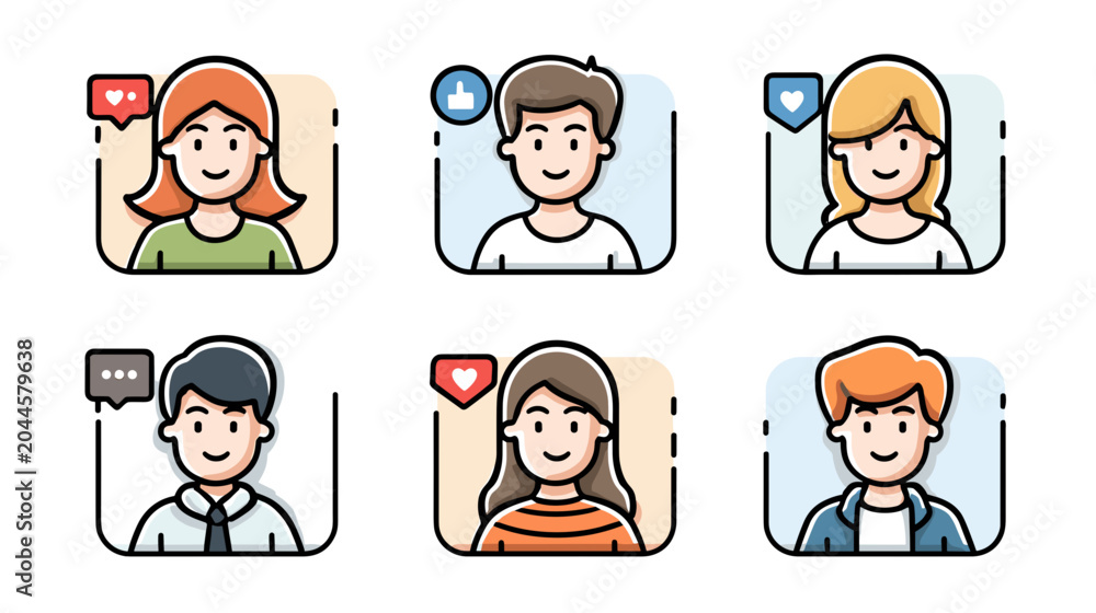 Fototapeta premium Set of Six Diverse Avatars Featuring People Expressing Emotions and Reactions in Social Media