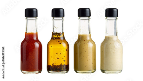 Slika na platnu Four glass bottles with black caps containing sauces and dressings