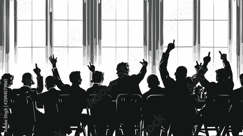 Фотография Silhouetted Audience with Raised Hands During a Business Meeting in a Bright Con