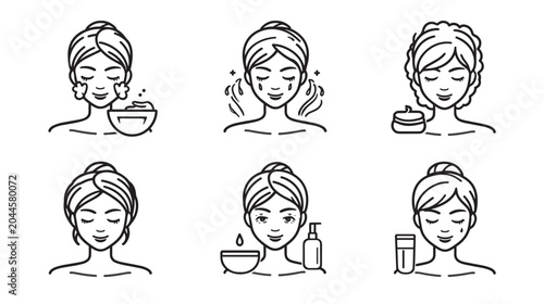 Foto Skincare Routine Illustrations Featuring Various Facial Treatments and Relaxatio