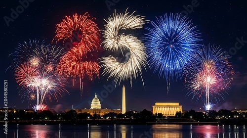 Spectacular fireworks display over Washington DC landmarks, celebrating 250th anniversary with vibrant colors and light show.