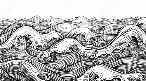 Obraz na płótnie Stylized Illustration of Ocean Waves and Currents in Monochromatic Black and Whi
