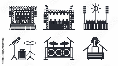 Foto Stylized Illustration of Various Music Performance Stages and Instruments for Co