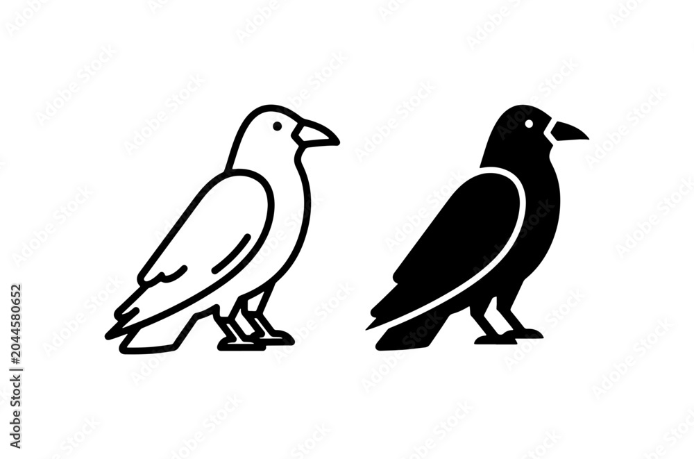 Obraz premium Crow Icon Set, Black Silhouette Bird Vector Art, Minimalist Raven Graphics