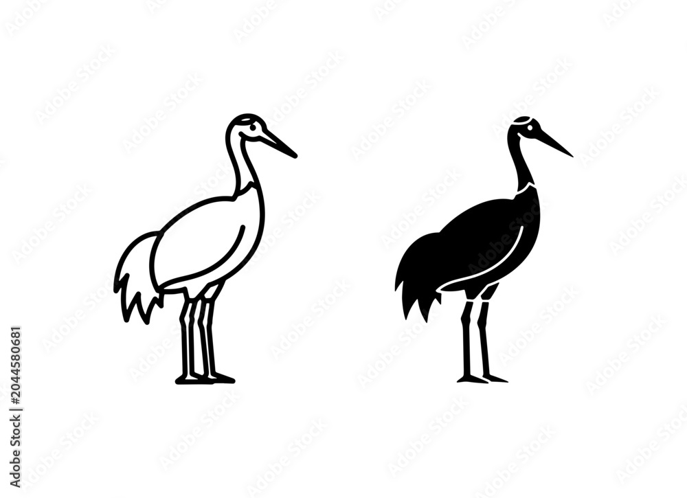 Fototapeta premium Crane Bird Icons: Silhouette and Outline Vector Art Set