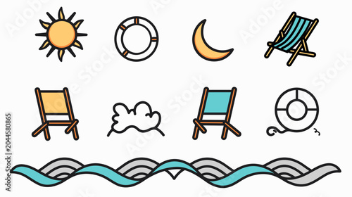 Fényképezés Summer Beach Scene with Sun, Sea, Chairs, and Sunset Atmosphere in a Relaxing Co