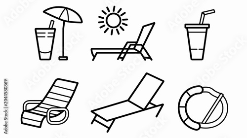 Fotografie Summer Beach Scene with Sun, Umbrella, Lounge Chairs, and Refreshing Drinks
