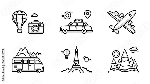 Travel Icons Featuring Airplane, Taxi, Hot Air Balloon, and Iconic Landmarks in Minimalist Style