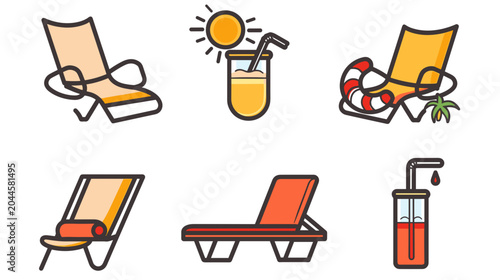 Foto Various Beach Lounge Chairs, Refreshing Cocktails and Sunlight in a Tropical Sum