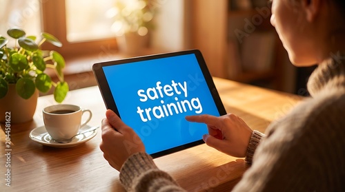 Woman using tablet for online safety training learning course at home office with coffee cup plant and sunlight digital education technology concept remote learning.