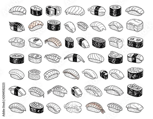 Black and white illustration of various sushi and maki rolls, showcasing different ingredients and styles in a simple line drawing