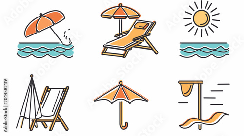Bilde på lerret Vibrant Beach Scene with Umbrellas and Deckchairs Under the Bright Sun by the Oc