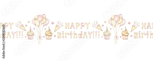 Cuadro en lienzo Watercolor seamless border featuring birthday balloons, cupcake, and party poppers
