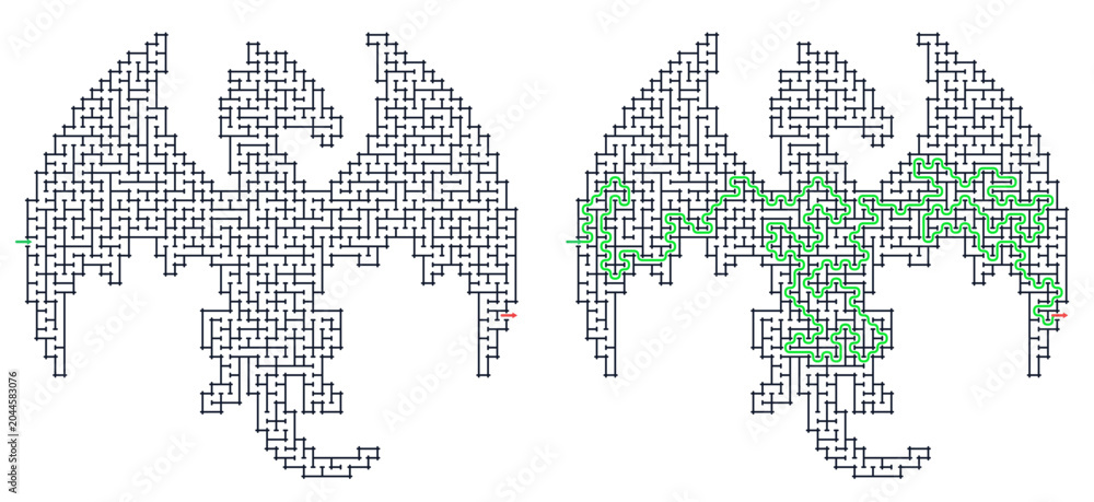 Fototapeta premium Dragon shape labyrinth game grid vector. Puzzle games for workbook with solution. Isolated on transparent background