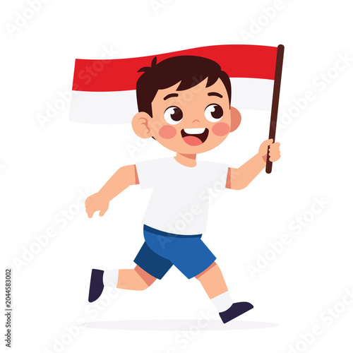 Fotografija A joyful Indonesian boy runs energetically, proudly holding the nation's red and