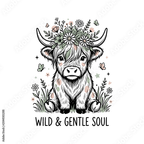 Highland cow wild and gentle soul sketch art.
Cute calf illustration wearing a floral crown with butterflies and wild and gentle soul text.