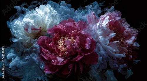 Three Vibrant Peony Blossoms in White Pink and Deep Red Hues Emerge from a Dark Background Amidst Swirling Blue and White Mist with Detailed Petals and Water Droplets Illuminated by Dramatic Lighting