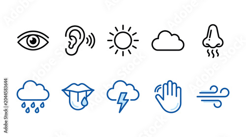 Tableau sur toile Minimalist five senses and weather icon set, 10 line vector icons for sensory pe