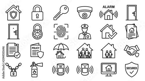 Photos Home security line icons set, 24 house protection and insurance vector symbols,