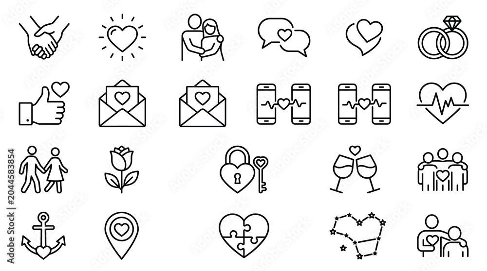 Fototapeta premium Minimalist love and romance line icons, 24 wedding and relationship vector symbols, black outline heart and couple graphics for dating apps
