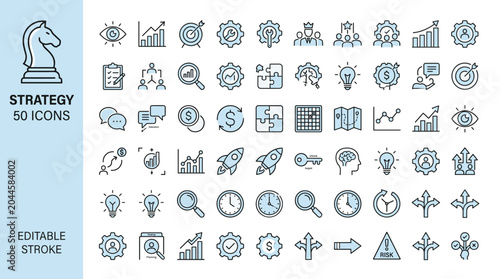 Strategy business icon set, 50 line icons for corporate planning and marketing, editable stroke vector symbols for financial growth and management