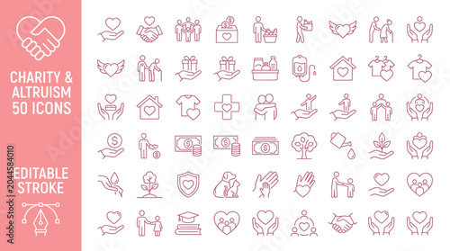 Charity and altruism 50 icons set, pink outline volunteer and donation vector symbols, humanitarian aid and community support line art collection
