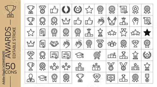 Awards line icons set, 50 editable stroke vector symbols, trophy and medal achievement graphics, success and recognition reward elements