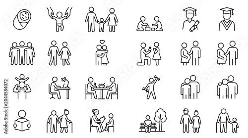 Foto Family life cycle line icons set, human life stages and relationship vector symb