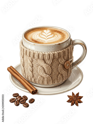 Cozy coffee mug with latte art on a saucer with cinnamon and coffee beans on a white background