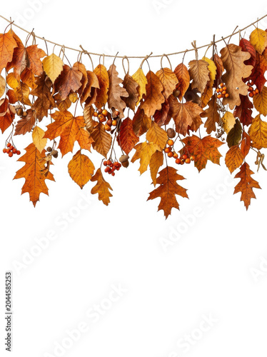 A vibrant string of autumn leaves hangs against a white background.