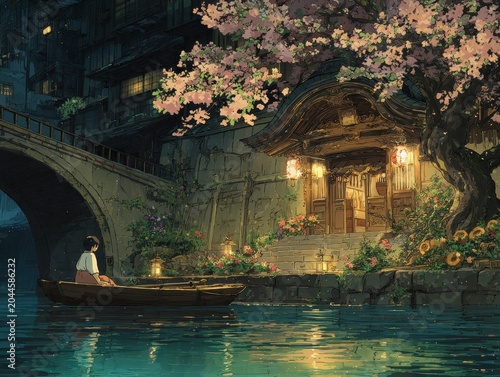 Tranquil Pixel Art Scene A Person In A Small Boat Drifts By A Lighted Building Under Cherry Blossoms Beside A Stone Bridge Over Water At Dusk