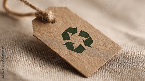 Kraft paper hang tag with recycling symbol tied with twine on natural burlap fabric for sustainable product labeling. AI generated image