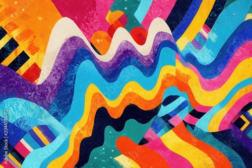Vibrant Abstract Wave Pattern with Geometric Shapes and Speckled Texture in Rainbow Colors Representing Dynamic Energy and Playful Movement