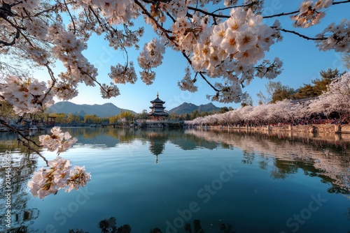 Tranquil Waters Reflecting Pagoda Amidst Blooming Cherry Blossoms Under a Clear Blue Sky Serene Spring Scenery