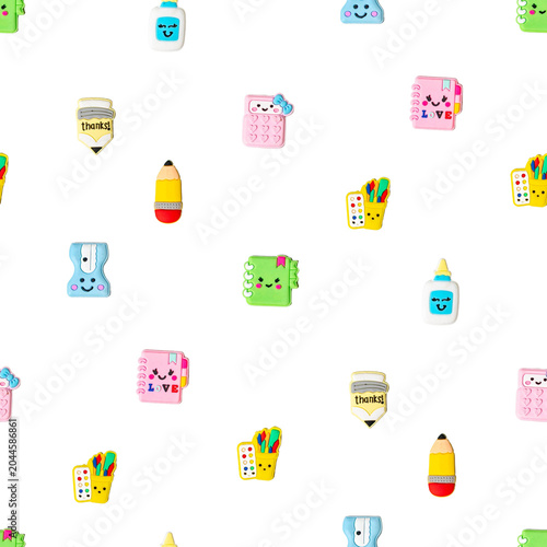 Cute kawaii school supplies seamless pattern for kids