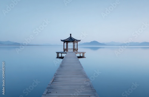 Tranquil wooden pier leading to a traditional gazebo on a still lake under a soft blue twilight sky serene landscape with distant hills and calm water evoking peace and contemplation