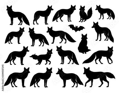 Black animal silhouettes in varied poses and a single bat create an illustrative composition against a white background
