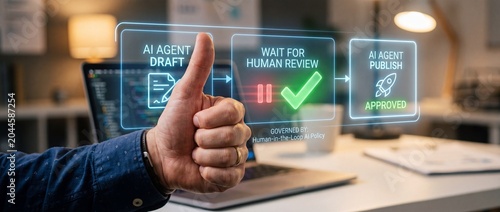 Man giving thumbs up to ai agent workflow with draft review and publish buttons on virtual interface in office