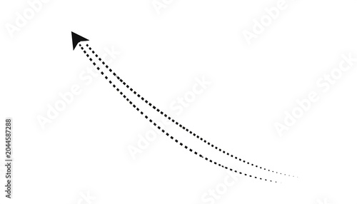 Black arrow pointing diagonally upward with a dotted trail, on a clean white background. Simple and minimalistic design