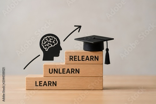 Learning process with steps for Learn, Unlearn, and Relearn concept with graduation cap.