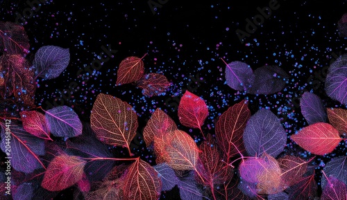 Vibrant Autumn Leaves Adorned with Sparkling Glitter Against a Deep Black Background with Cosmic Dust Particles Creating a Magical Festive Atmosphere