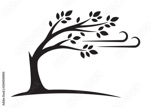 Konstfotografi tree bent by wind logo silhouette vector, tree bent under wind silhouette vector illustration, windswept tree logo silhouette vector, oak tree bent by wind  logo vector silhouette on white background