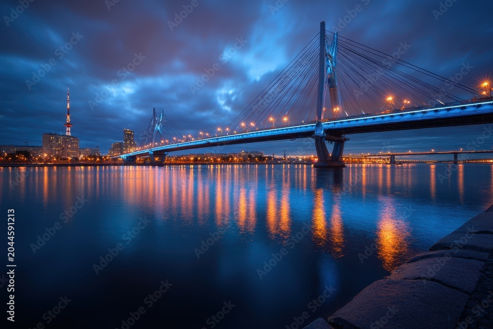 Fototapeta premium Vibrant Blue Illuminated Cable Stayed Bridge Spanning a Wide River at Twilight Reflecting Orange Lights on the Water with a City Skyline in the Distant Background Under a Dramatic Cloudy Sky