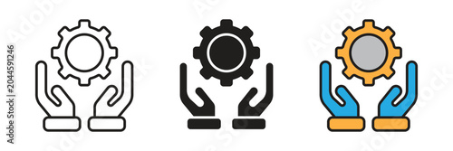 Protection Or Process Management Icon. Vector icon set of human caring hands holding a gear wheel mechanism symbolizing technical support maintenance service and process optimization.