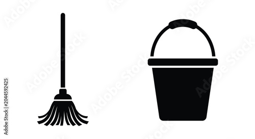 Foto broom and bucket silhouette on white background cleaning tools black outline hou