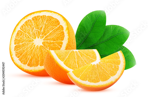 Orange fruit cut in half and slice with green leaf